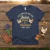 Navy blue t-shirt with gold text that reads "Just a Simple Girl Who Loves Jesus Jesus & Chickens" and graphics