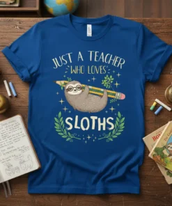 Just A Teacher Who Loves Sloths quote with a cute sloth holding a pencil and green leaves on a blue