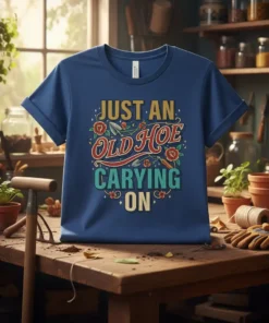 Funny "Just An Old Hoe Carying On" gardening quote t-shirt with floral and tool graphics on a blue tee