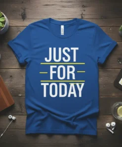 Blue t-shirt with white text "JUST FOR TODAY" in three lines, separated by yellow horizontal lines. Motivational quote design
