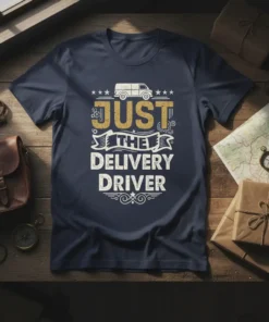Just The Delivery Driver text design with a graphic of a delivery van and decorative elements on a navy t-shirt