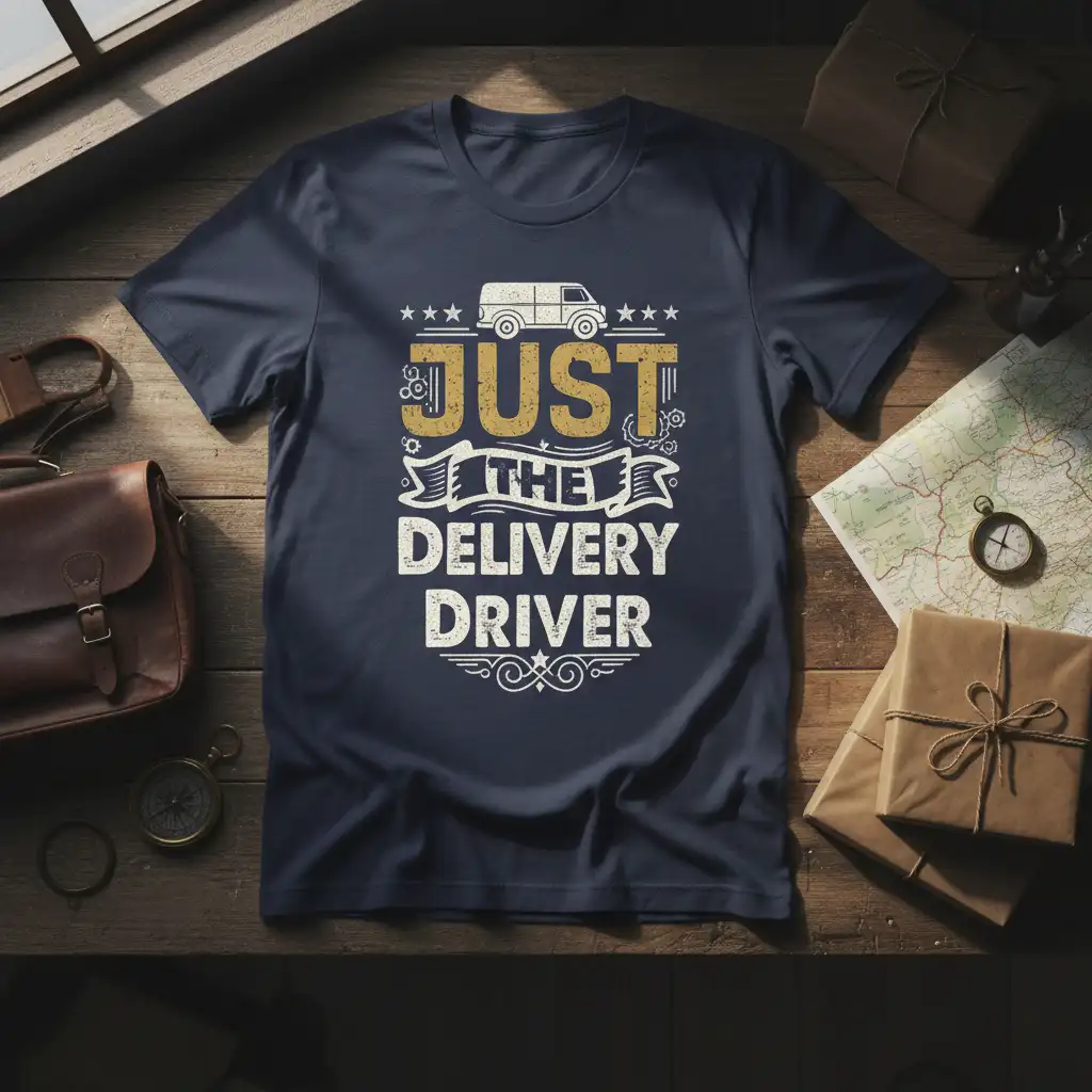 Just The Delivery Driver quote on a navy t-shirt with a delivery van graphic