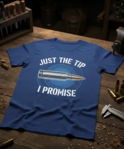 Just The Tip I Promise t-shirt with a realistic bullet graphic and distressed text, ideal for gun owners and shooting