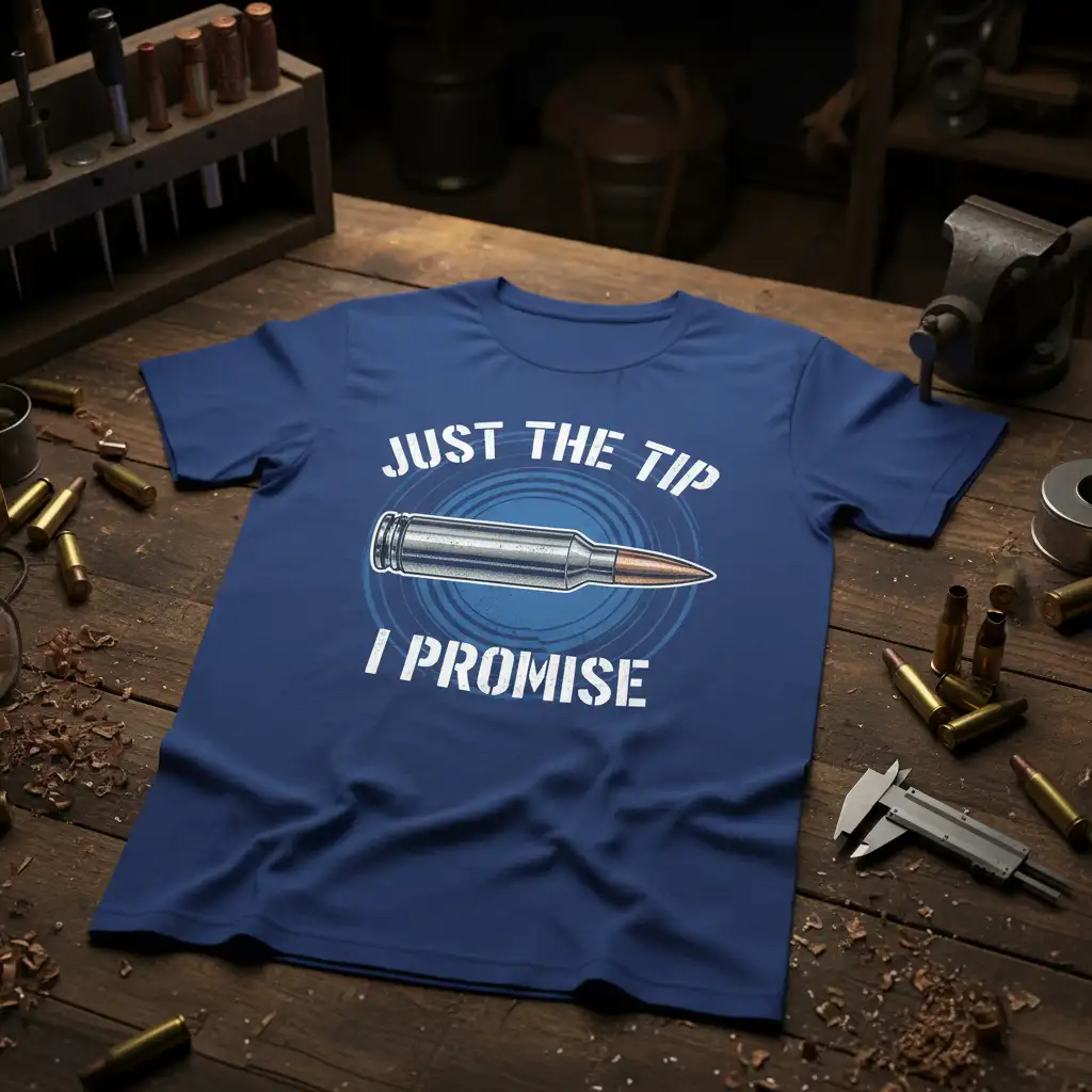 Just The Tip I Promise humorous quote design with a realistic bullet graphic on a dark blue t-shirt