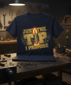 Just the Tip I Promise t-shirt with golden bullet graphic and fiery accents