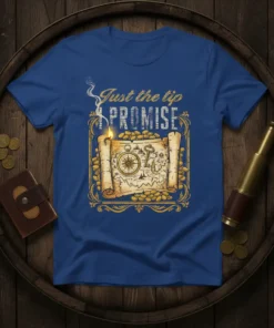 Just the tip I PROMISE t-shirt with pirate map, compass, key, and gold coins graphic