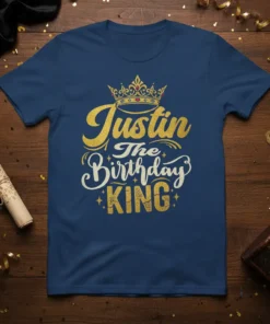 Justin The Birthday KING text design with a crown graphic on a navy blue t-shirt