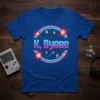 K, Byeee retro pixel gamer t-shirt with 8-bit design, neon circle, coins, and spaceship graphic