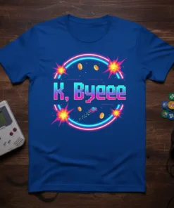 K, Byeee retro pixel gamer t-shirt with 8-bit design, neon circle, coins, and spaceship graphic