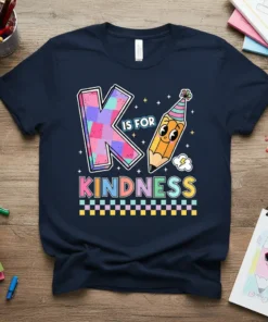Navy t-shirt with "K IS FOR KINDNESS" text and a cute pencil graphic wearing a party hat