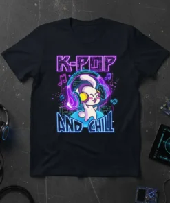 K-Pop And Chill t-shirt with neon text and a cartoon character wearing headphones listening to music