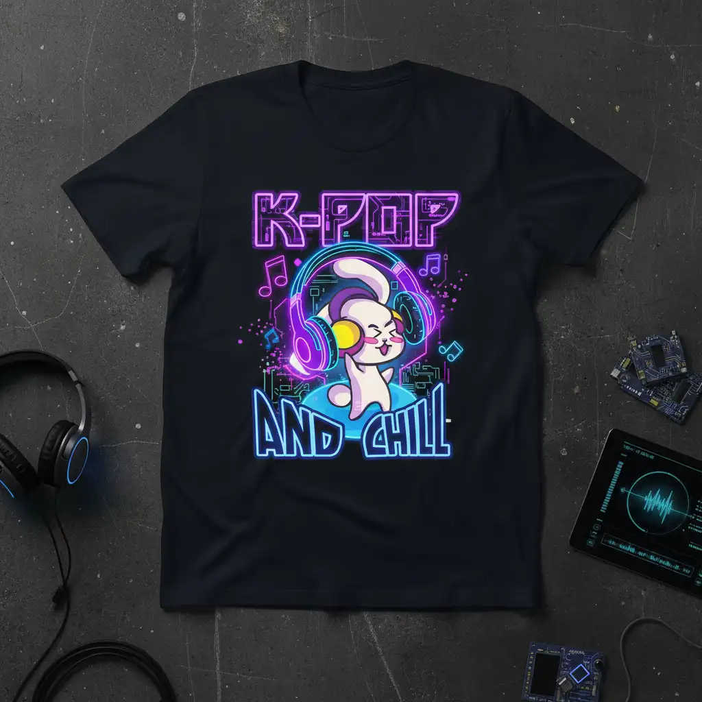 K-Pop And Chill graphic tee featuring neon K-Pop text and a cute character with headphones