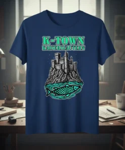 K-Town Kaiserslautern t-shirt design with a castle on a rocky island and a fish graphic