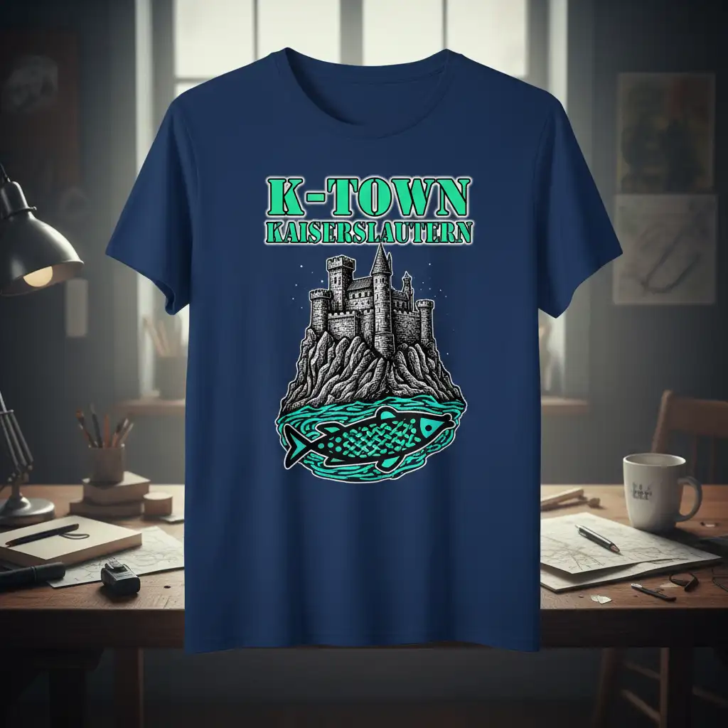 K-Town Kaiserslautern text above castle on island with fish graphic, German city apparel design