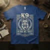 K9 In Dog We Trust German Shepherd dog graphic t-shirt design with bold text and laurel wreath border