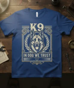 K9 In Dog We Trust German Shepherd dog graphic t-shirt design with bold text and laurel wreath border