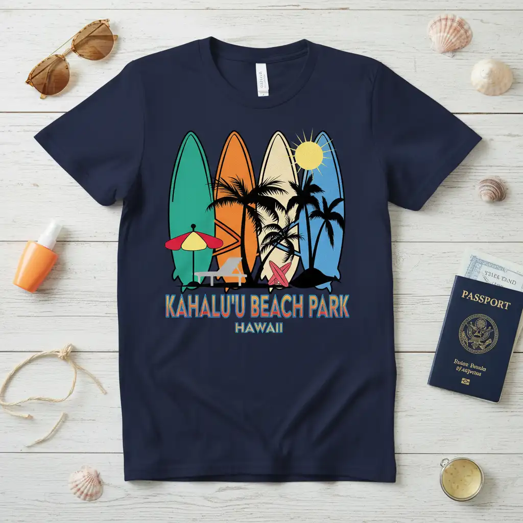 Kahalu'u Beach Park Hawaii text with colorful surfboards and palm trees graphic on navy blue t-shirt