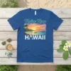 Kailua Kona Hawaii t-shirt design with a vibrant beach sunset, palm trees, and ocean waves. Features "Kailua Kona" in script
