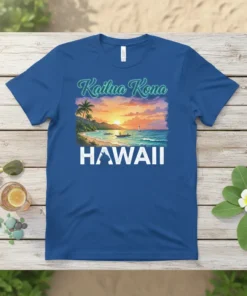 Kailua Kona Hawaii t-shirt design with a vibrant beach sunset, palm trees, and ocean waves. Features "Kailua Kona" in script