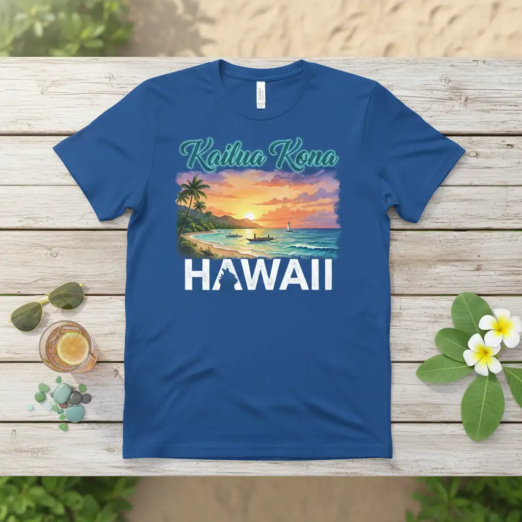 Kailua Kona Hawaii beach sunset design with palm trees, ocean waves, and island text for tropical apparel