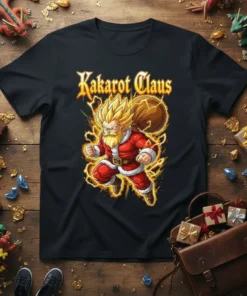 Kakarot Claus t-shirt design featuring Super Saiyan Goku dressed as Santa Claus with a gift sack
