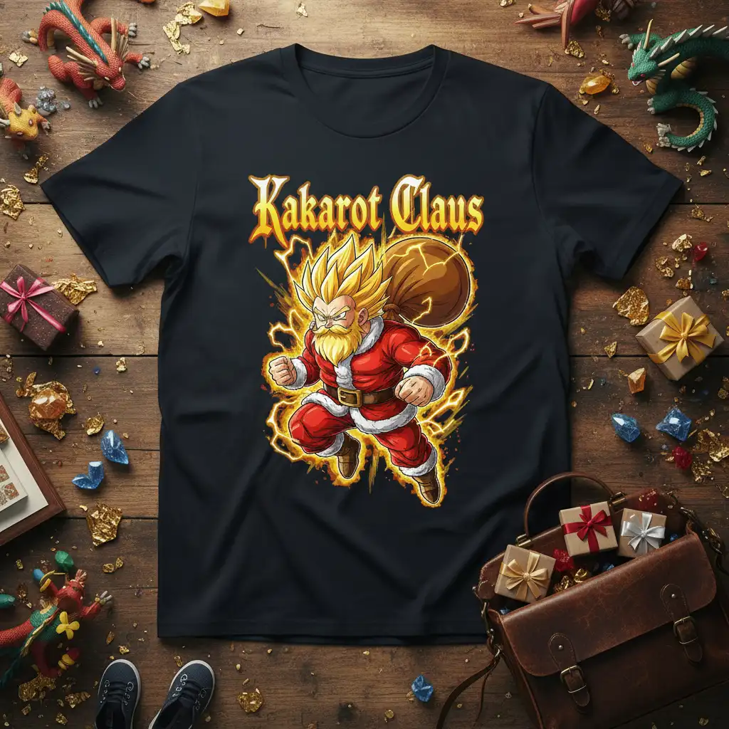 Kakarot Claus design featuring Super Saiyan Goku as Santa Claus, perfect for Dragon Ball fans