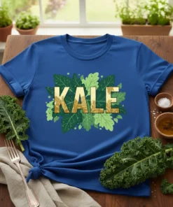 Royal blue t-shirt with the word KALE in bold gold lettering surrounded by green kale leaves illustration