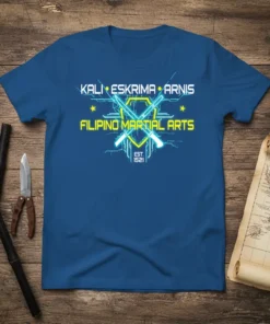 Blue t-shirt with "KALI ESKRIMA ARNIS FILIPINO MARTIAL ARTS EST. 1521" text and crossed swords graphic