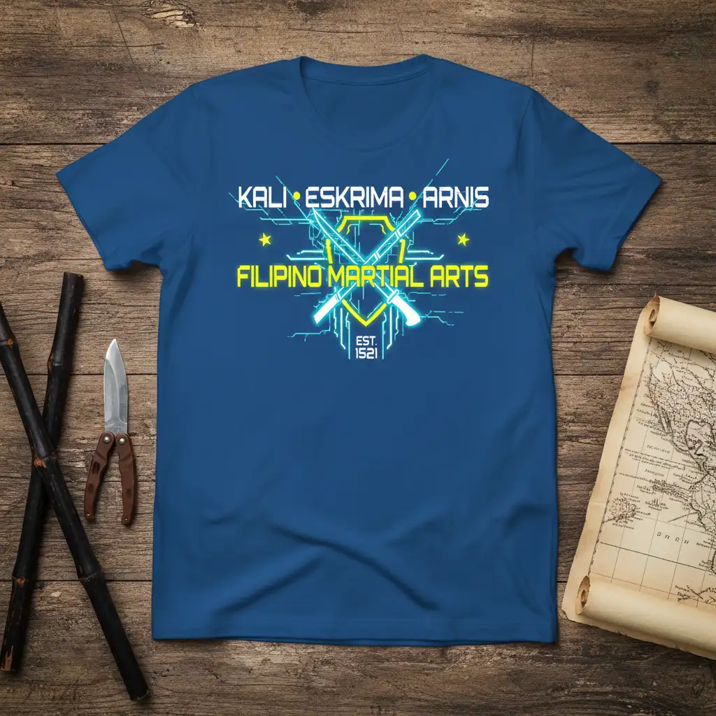 Blue t-shirt featuring Kali Eskrima Arnis Filipino Martial Arts text and crossed swords graphic