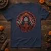 KALI design featuring the Hindu goddess with multiple arms, flames, and jewelry on a navy t-shirt