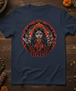 KALI design featuring the Hindu goddess with multiple arms, flames, and jewelry on a navy t-shirt