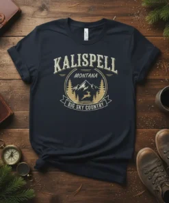 Kalispell Montana Big Sky Country t-shirt design featuring mountains, trees, and a deer graphic with distressed text