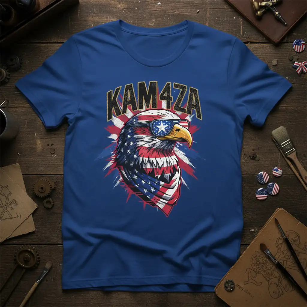 Kam4za patriotic eagle wearing sunglasses and American flag bandana graphic tee