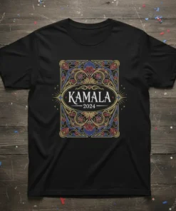 Kamala 2024 political campaign t-shirt with ornate oval design featuring text KAMALA 2024