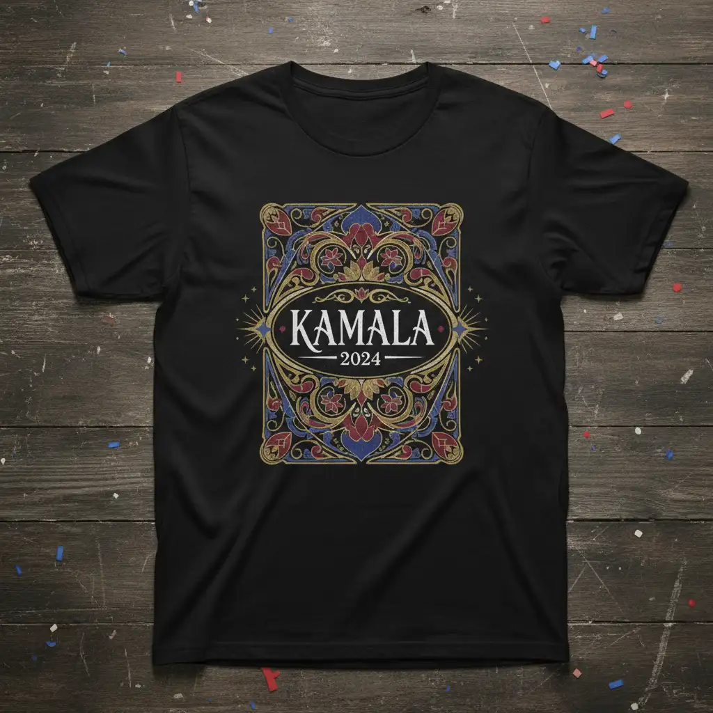 Kamala 2024 campaign t-shirt design with detailed oval graphic and bold text