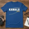 Kamala 2024 campaign t-shirt in blue with bold white text and gold accents