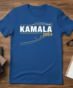 Kamala 2024 campaign t-shirt in blue with bold white text and gold accents