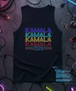 Kamala 2028 political campaign t-shirt design with repeating "Kamala" text in different colors and "2028" below