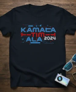 Kamala F=Tim Ala 2024 political campaign t-shirt design with futuristic font and circuit board graphics
