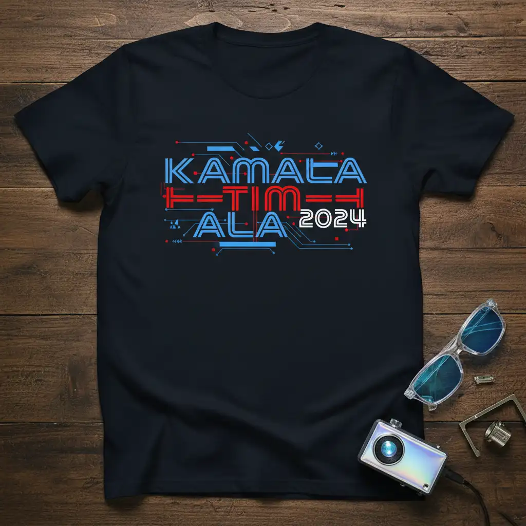 Kamala F=Tim Ala 2024 futuristic campaign slogan t-shirt design with digital accents