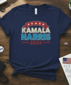 Kamala Harris 2024 political campaign t-shirt with vintage-inspired design and stars