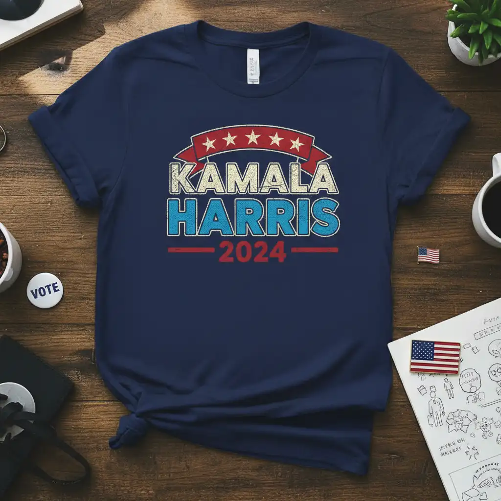 Kamala Harris 2024 campaign t-shirt design in vintage style with stars and bold lettering