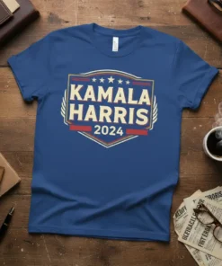 Blue t-shirt with "Kamala Harris 2024" text in a vintage shield design with stars and stripes, political campaign apparel