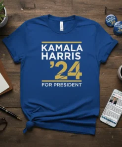 Kamala Harris '24 For President t-shirt design in white and gold text on a royal blue shirt