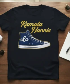 Kamala Harris cla t-shirt design with a blue sneaker and gold glitter text "Kamala Harris"
