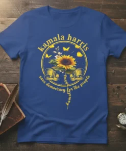 Kamala Harris Save Democracy T-Shirt with sunflower and butterflies graphic, yellow text on blue shirt