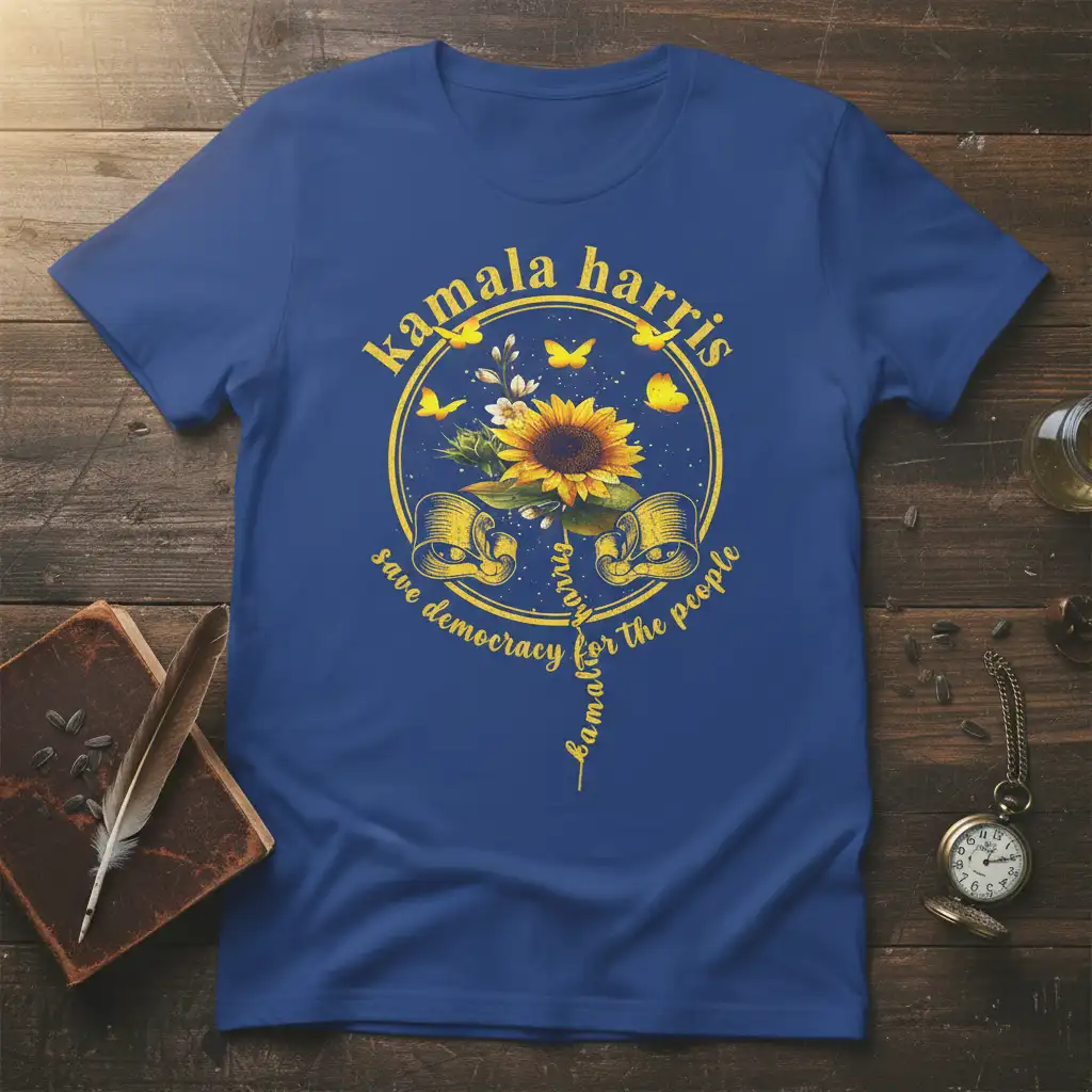 Kamala Harris Save Democracy T-Shirt featuring a central sunflower, butterflies, and the full quote in yellow text