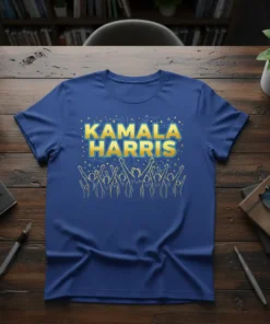Blue t-shirt with "KAMALA HARRIS" in bold gold lettering and a graphic of cheering supporters with raised arms