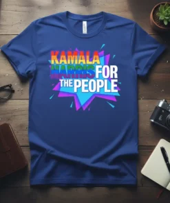 Kamala Harris For The People text in colorful, retro-style font on a blue t-shirt, political campaign apparel