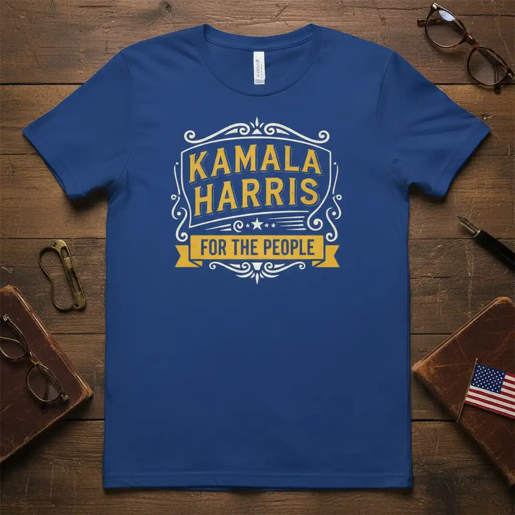 Kamala Harris For The People political slogan t-shirt design in blue and yellow